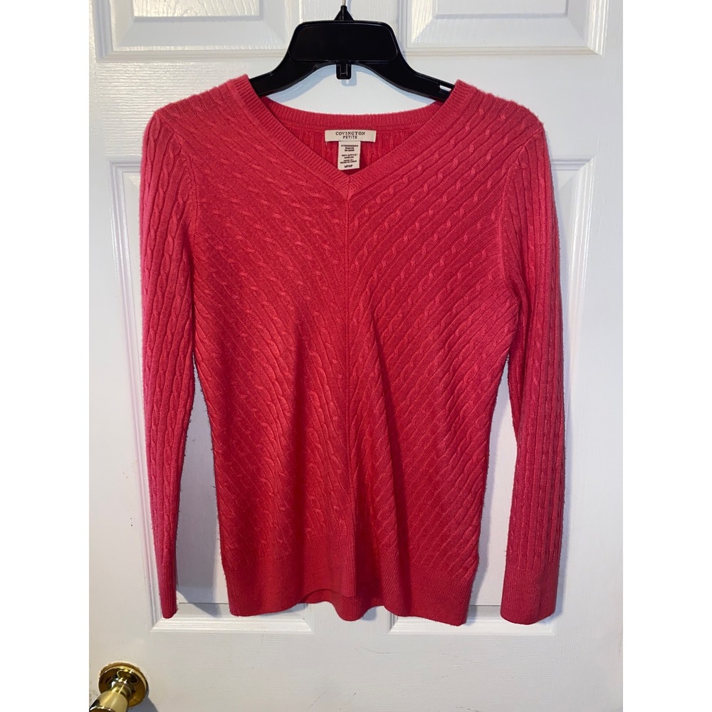 Covington Petite Womens Medium Pink V-Neck Cable Knit Long Sleeve Sweater